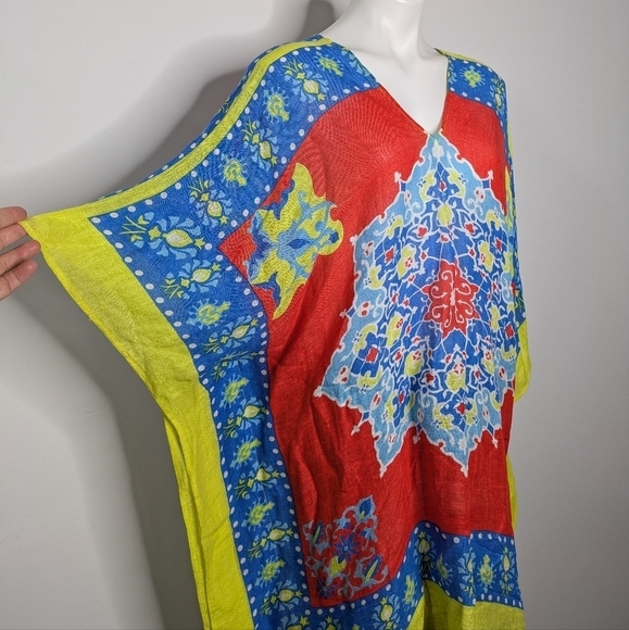 J McLaughlin red blue yellow kaleidoscope linen blend swim cover M/L - Picture 3 of 6